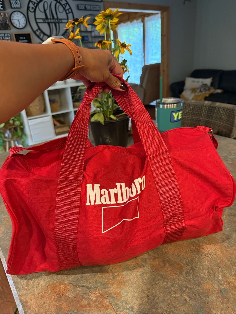 Vintage Marlboro Red Canvas Duffel with White Logo and Dual Handles